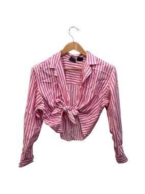 Vintage 90s Liz Wear Button Up Tie Front Shirt L Crop Top Stripe Y2K Barbiecore